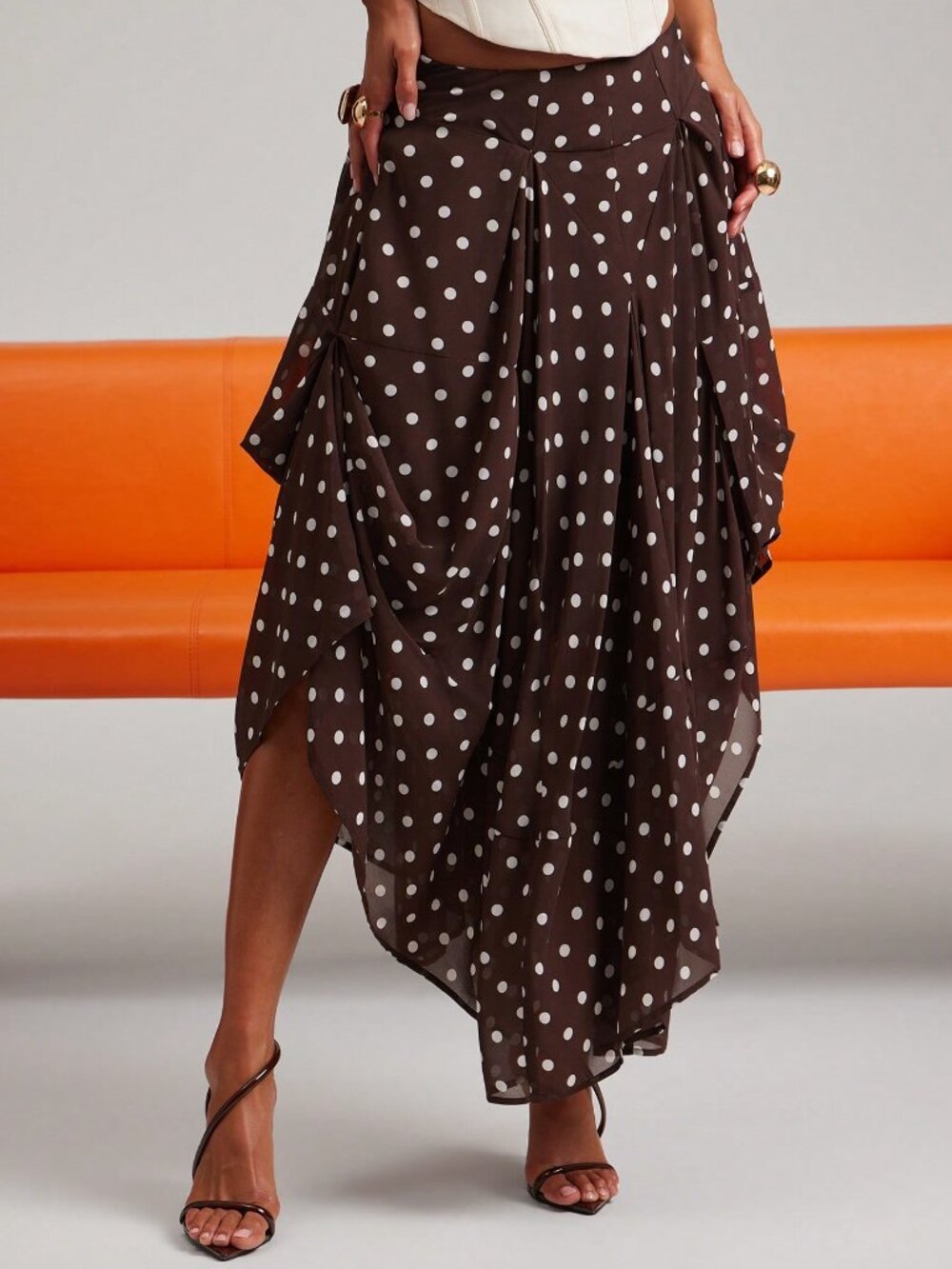 Multicolor Casual Women's Polka Dot Midi Length Asymmetrical Skirt - Picture 5 of 7